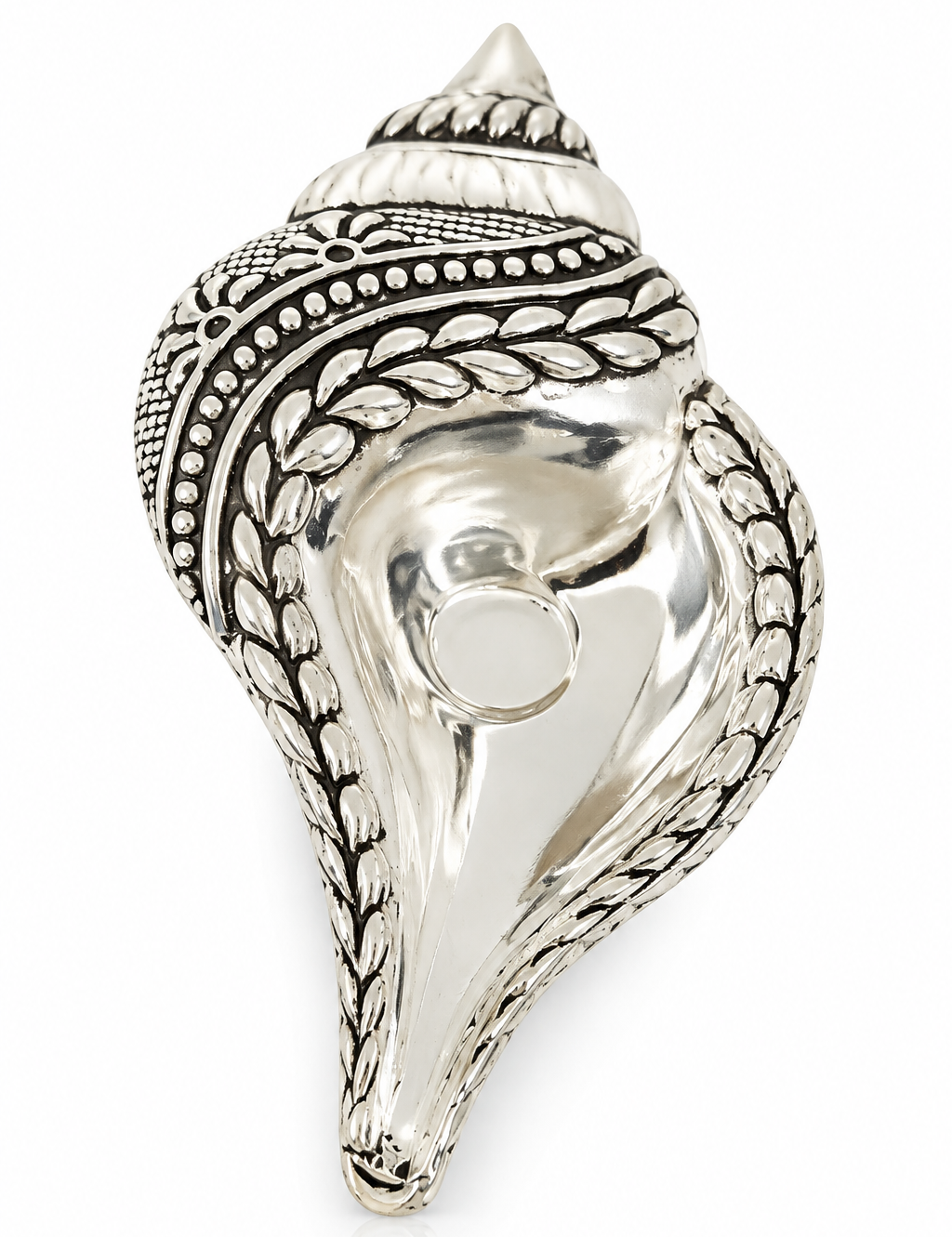 Mohnaa Jyotika 925 sterling silver ornate diya featuring an elongated flame-inspired bowl, decorative beaded borders, and an intricately patterned pedestal on a white background.