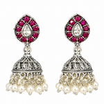 Mohnaa Ruchira 925 sterling silver jhumka earrings with pink cubic zirconia stones, white CZ center and pearl drops handcrafted traditional design