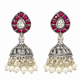 Mohnaa Ruchira 925 sterling silver jhumka earrings with pink cubic zirconia stones, white CZ center and pearl drops handcrafted traditional design
