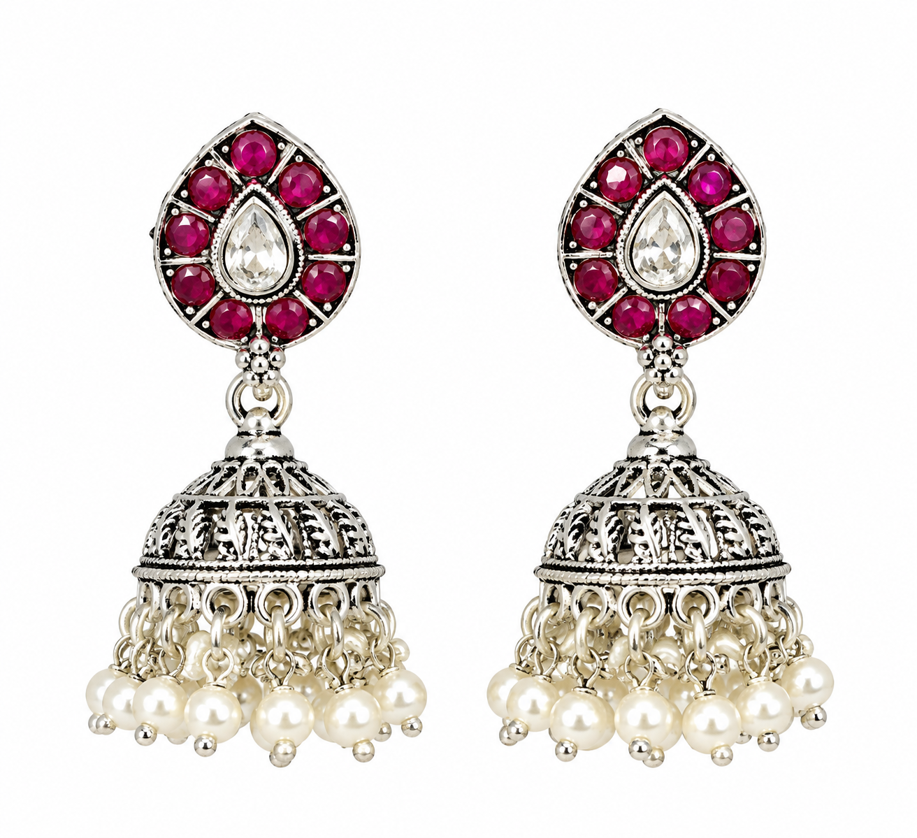 Mohnaa Ruchira 925 sterling silver jhumka earrings with pink cubic zirconia stones, white CZ center and pearl drops handcrafted traditional design