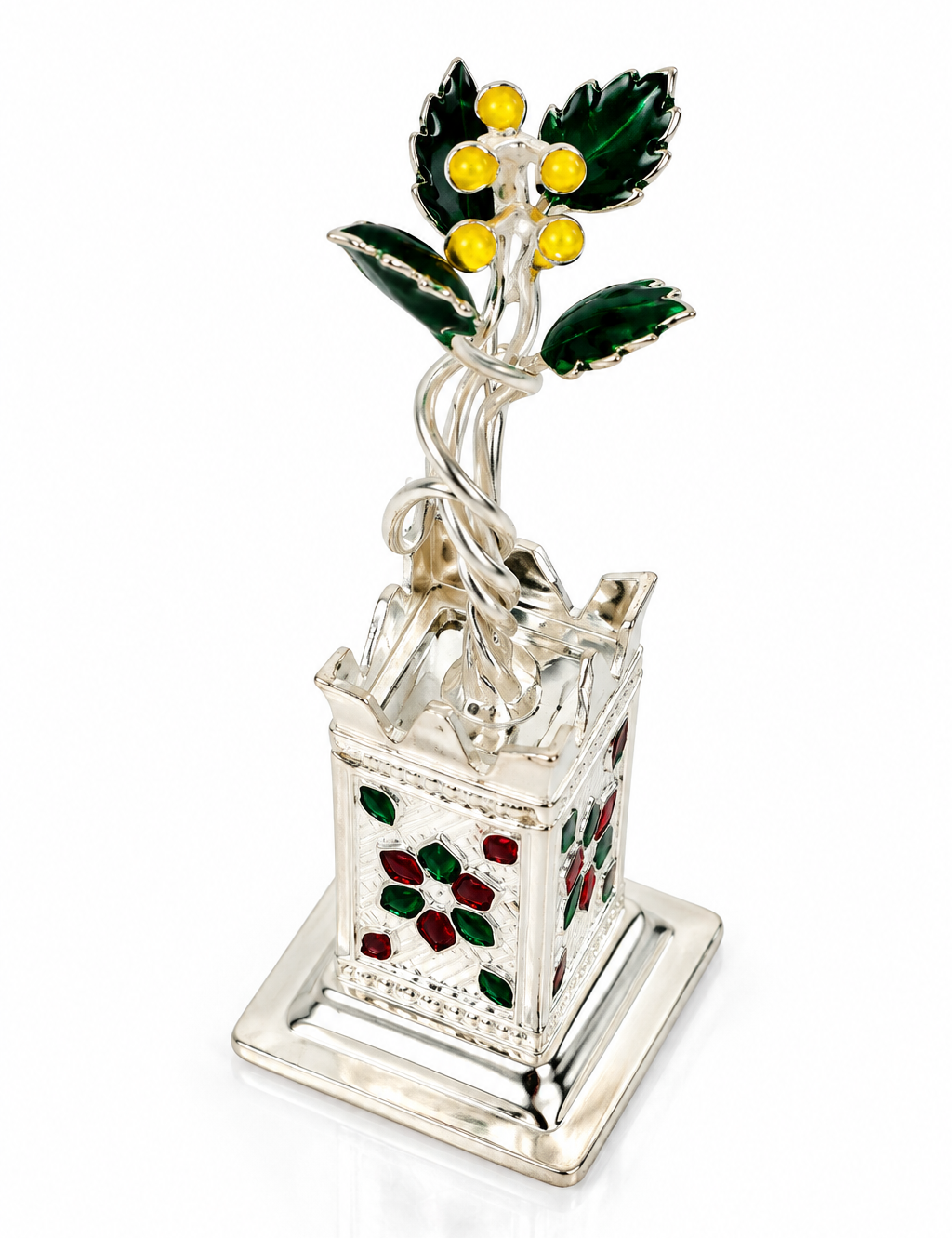 Mohnaa Tulsi Kyara 925 sterling silver decorative planter featuring a sculpted Tulsi plant, green leaves, yellow accents, and red and green floral motifs on a white background.