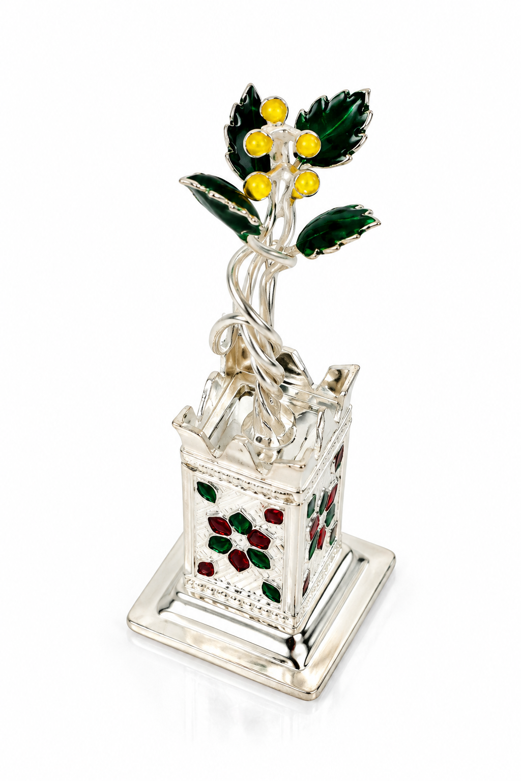 Mohnaa Tulsi Kyara 925 sterling silver decorative planter featuring a sculpted Tulsi plant, green leaves, yellow accents, and red and green floral motifs on a white background.