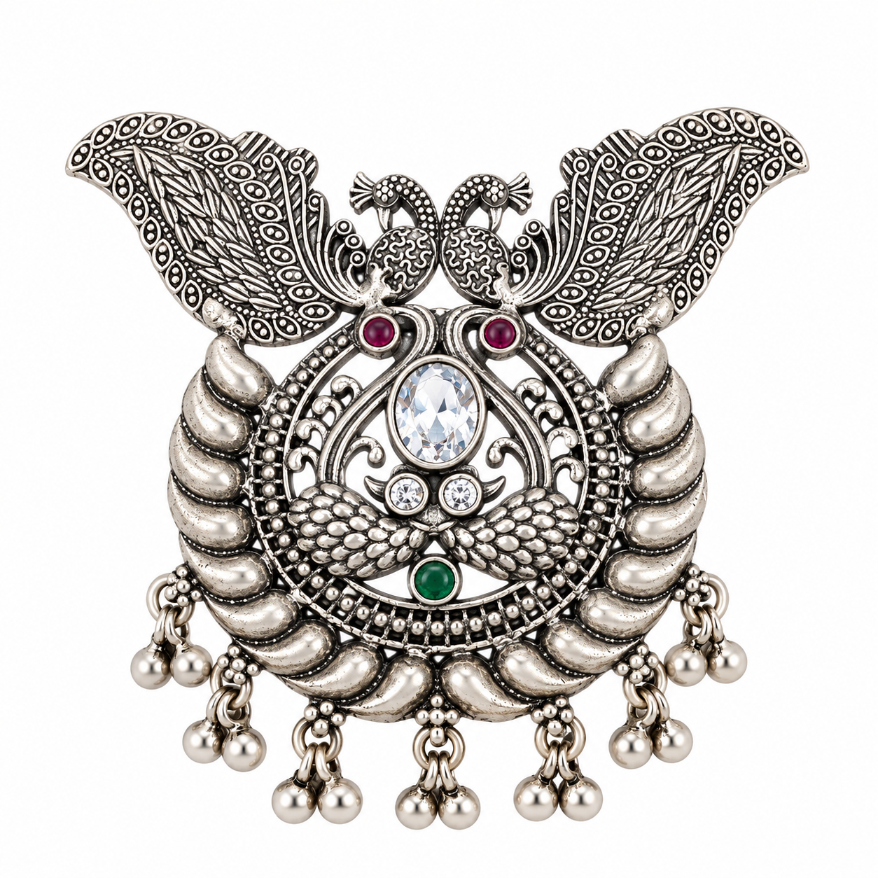 Handcrafted 925 silver twin peacock heritage pendant with antique detailing, decorative ghungroo danglers and traditional craftsmanship by Mohnaa Jewels