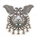 Handcrafted 925 silver twin peacock heritage pendant with antique detailing, decorative ghungroo danglers and traditional craftsmanship by Mohnaa Jewels