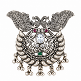 Handcrafted 925 silver twin peacock heritage pendant with antique detailing, decorative ghungroo danglers and traditional craftsmanship by Mohnaa Jewels