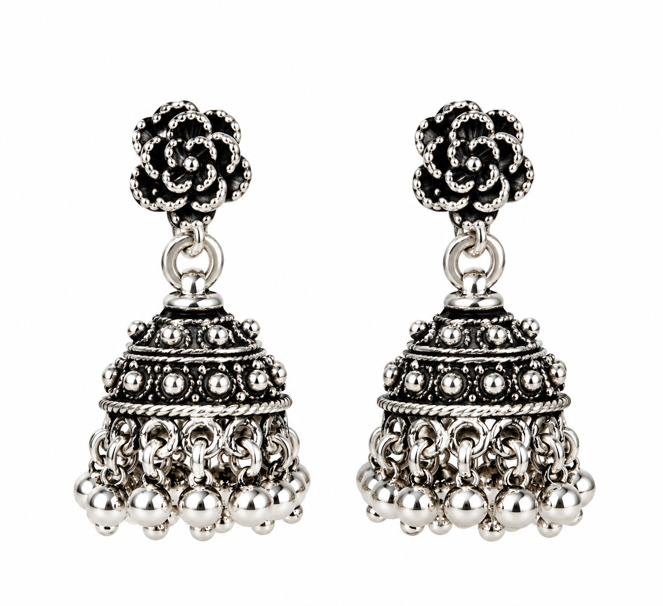 Mohnaa Varnika 925 sterling silver oxidized floral jhumka earrings with handcrafted traditional silver ghungroo detailing