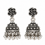 Mohnaa Varnika 925 sterling silver oxidized floral jhumka earrings with handcrafted traditional silver ghungroo detailing