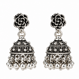 Mohnaa Varnika 925 sterling silver oxidized floral jhumka earrings with handcrafted traditional silver ghungroo detailing
