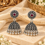 Mohnaa Chandrika Ruby Silver Jhumka Earrings