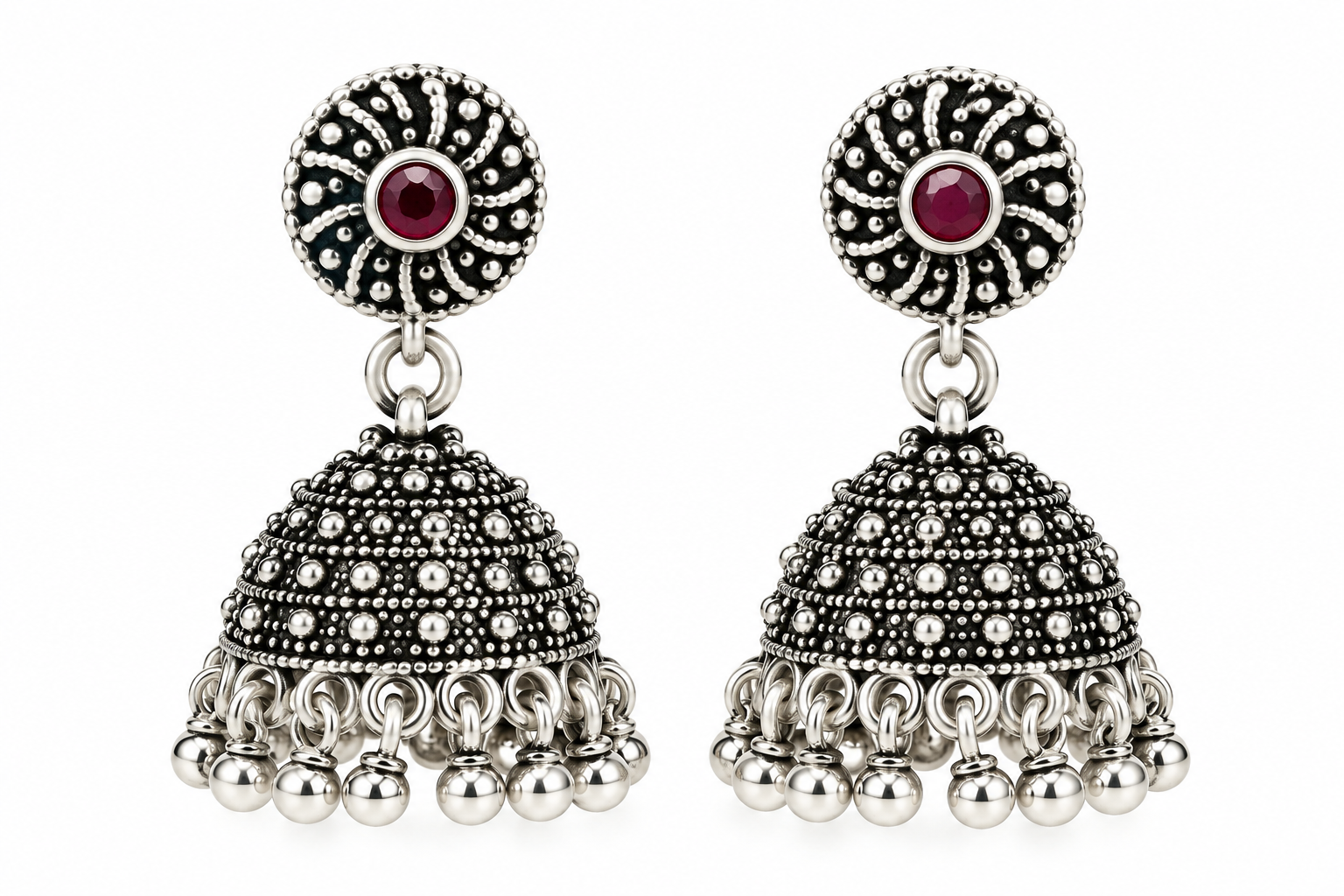Mohnaa Chandrika Ruby 925 Sterling Silver Oxidized Jhumka Earrings with red CZ stone