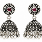 Mohnaa Chandrika Ruby 925 Sterling Silver Oxidized Jhumka Earrings with red CZ stone
