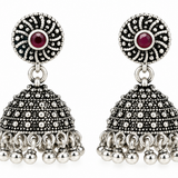 Mohnaa Chandrika Ruby 925 Sterling Silver Oxidized Jhumka Earrings with red CZ stone