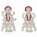Close-up of the Mohnaa Lakshmi Ganesha silver idol set highlighting pink stone accents and detailed silver craftsmanship.