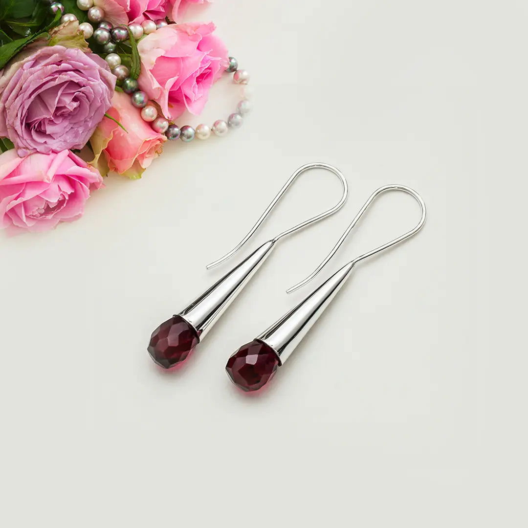 Pearl Drop Designer Earrings With Garnet Gemstone In Solid Silver Jewelry
