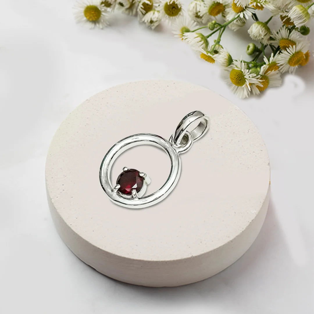 Round Pendant With Garnet Gemstone Solid Sterling Silver