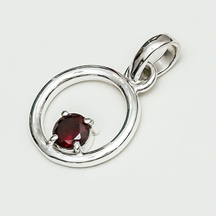 Round Pendant With Garnet Gemstone Solid Sterling Silver