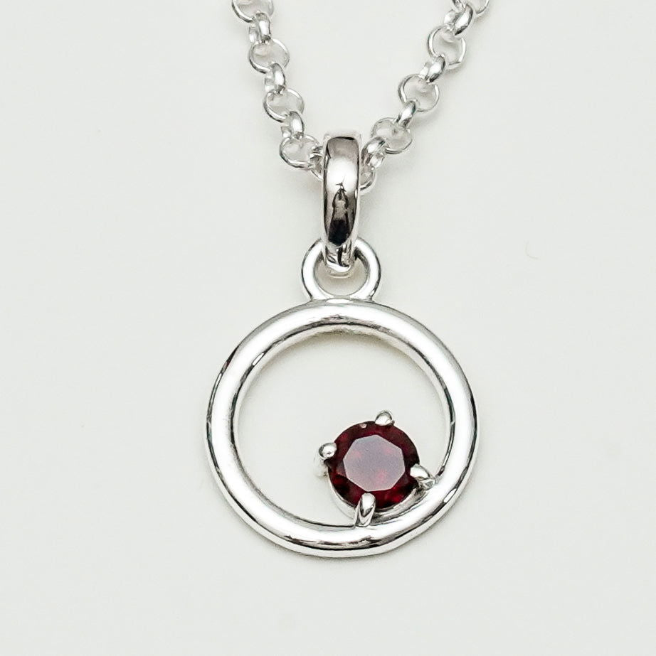 Round Pendant With Garnet Gemstone Solid Sterling Silver