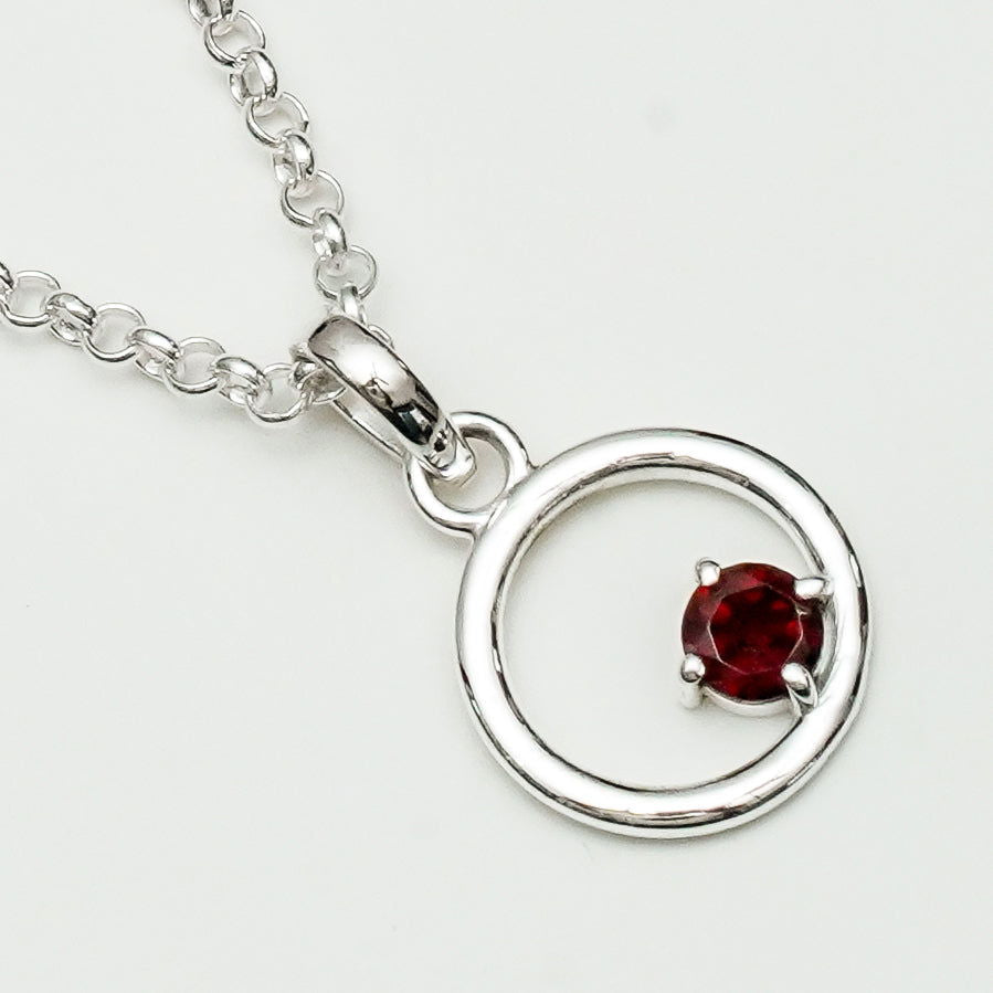 Round Pendant With Garnet Gemstone Solid Sterling Silver