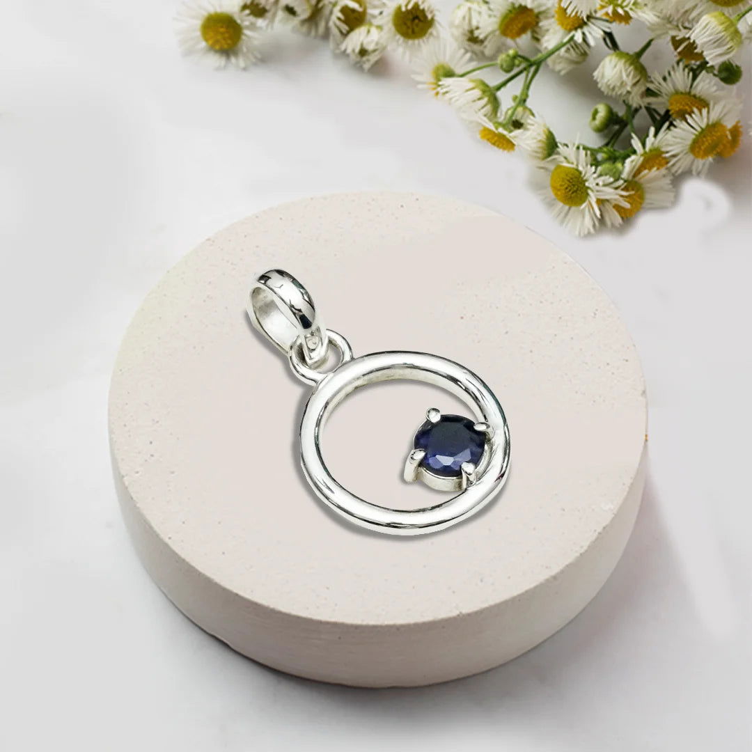Round Pendant With Iolite Gemstone Solid Sterling Silver