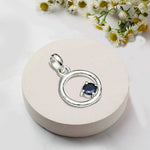 Round Pendant With Iolite Gemstone Solid Sterling Silver