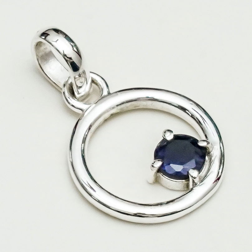Round Pendant With Iolite Gemstone Solid Sterling Silver