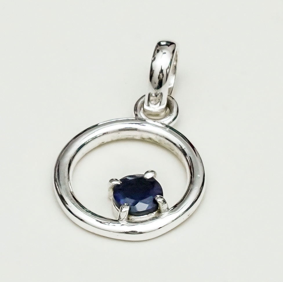 Round Pendant With Iolite Gemstone Solid Sterling Silver