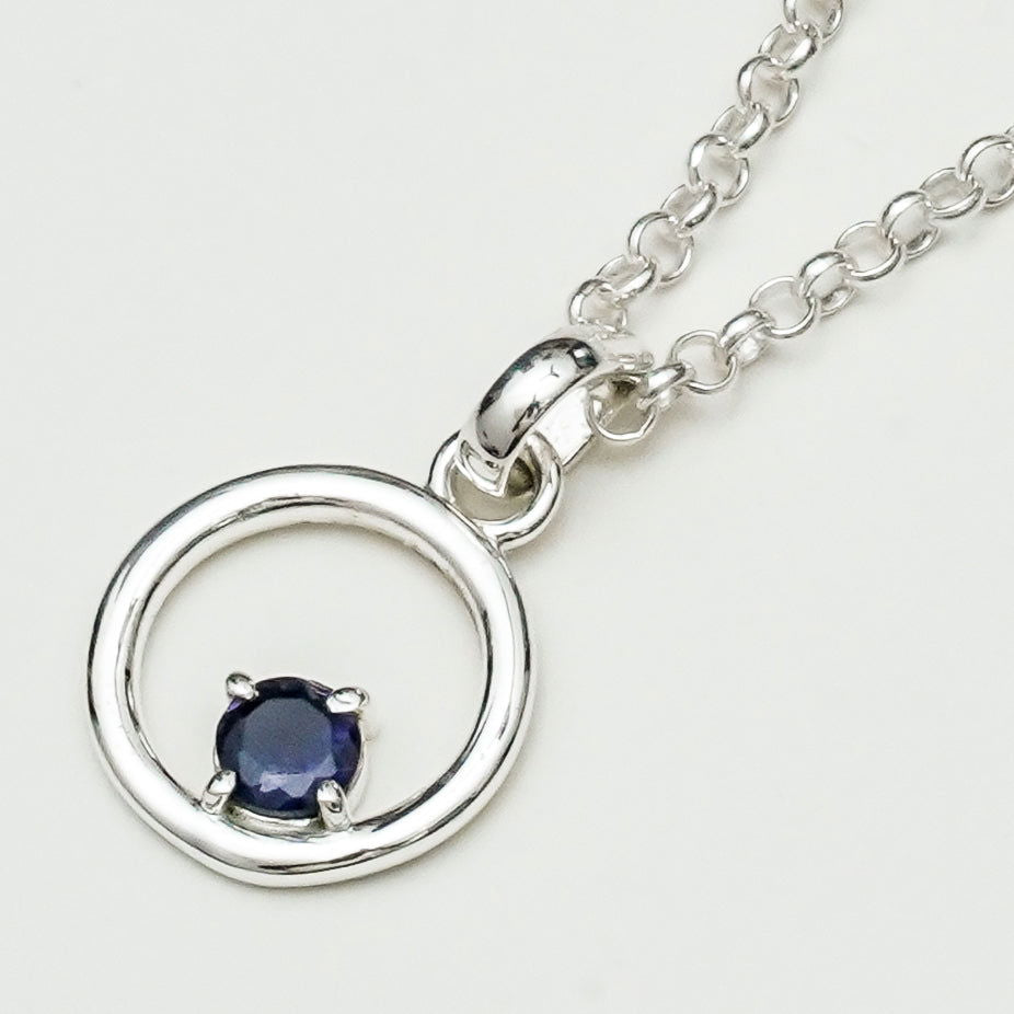 Round Pendant With Iolite Gemstone Solid Sterling Silver