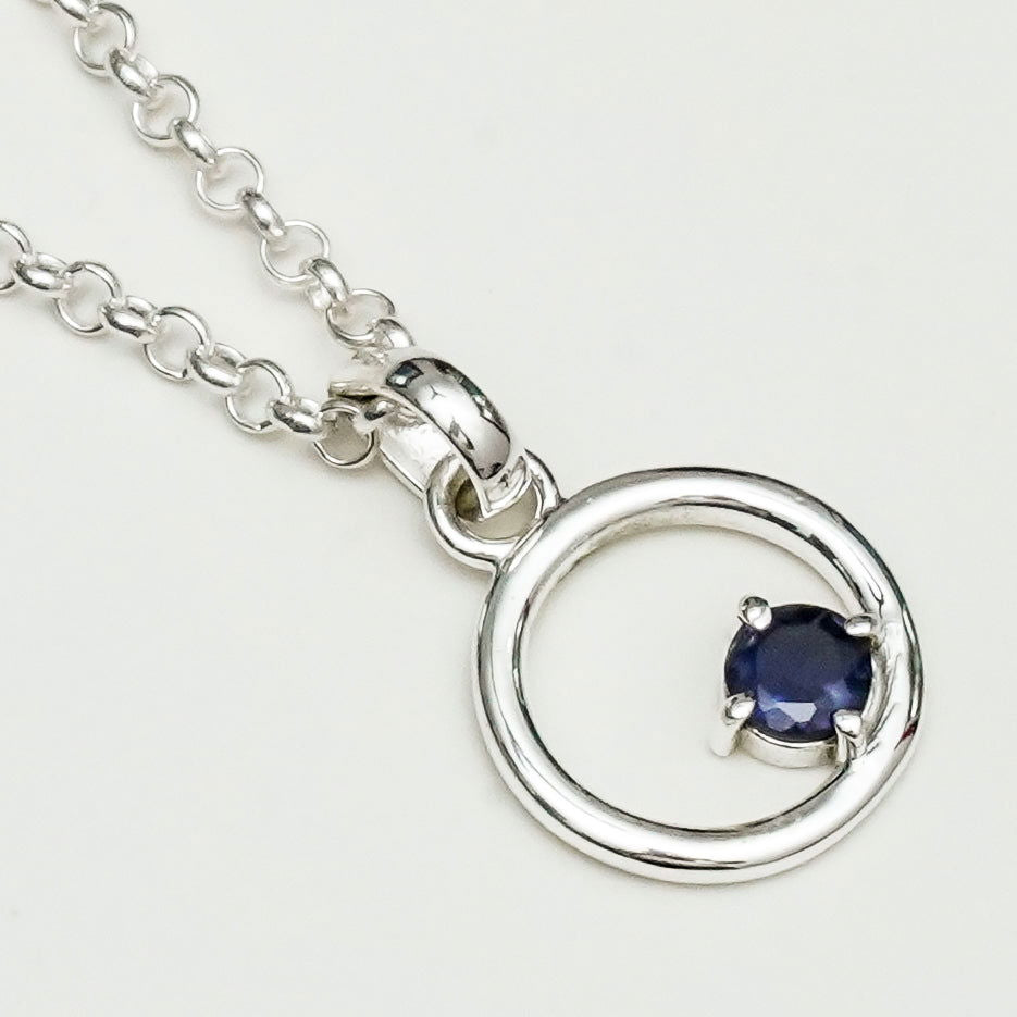 Round Pendant With Iolite Gemstone Solid Sterling Silver