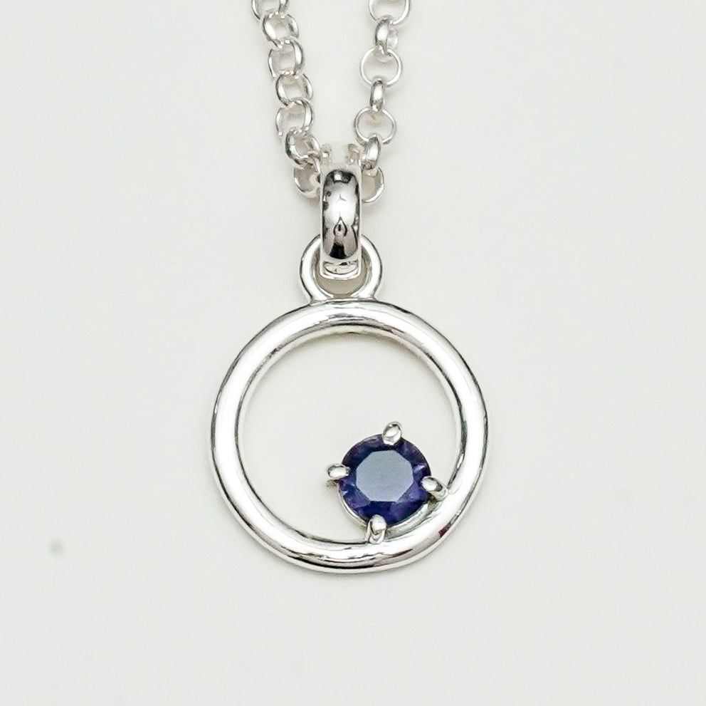 Round Pendant With Iolite Gemstone Solid Sterling Silver