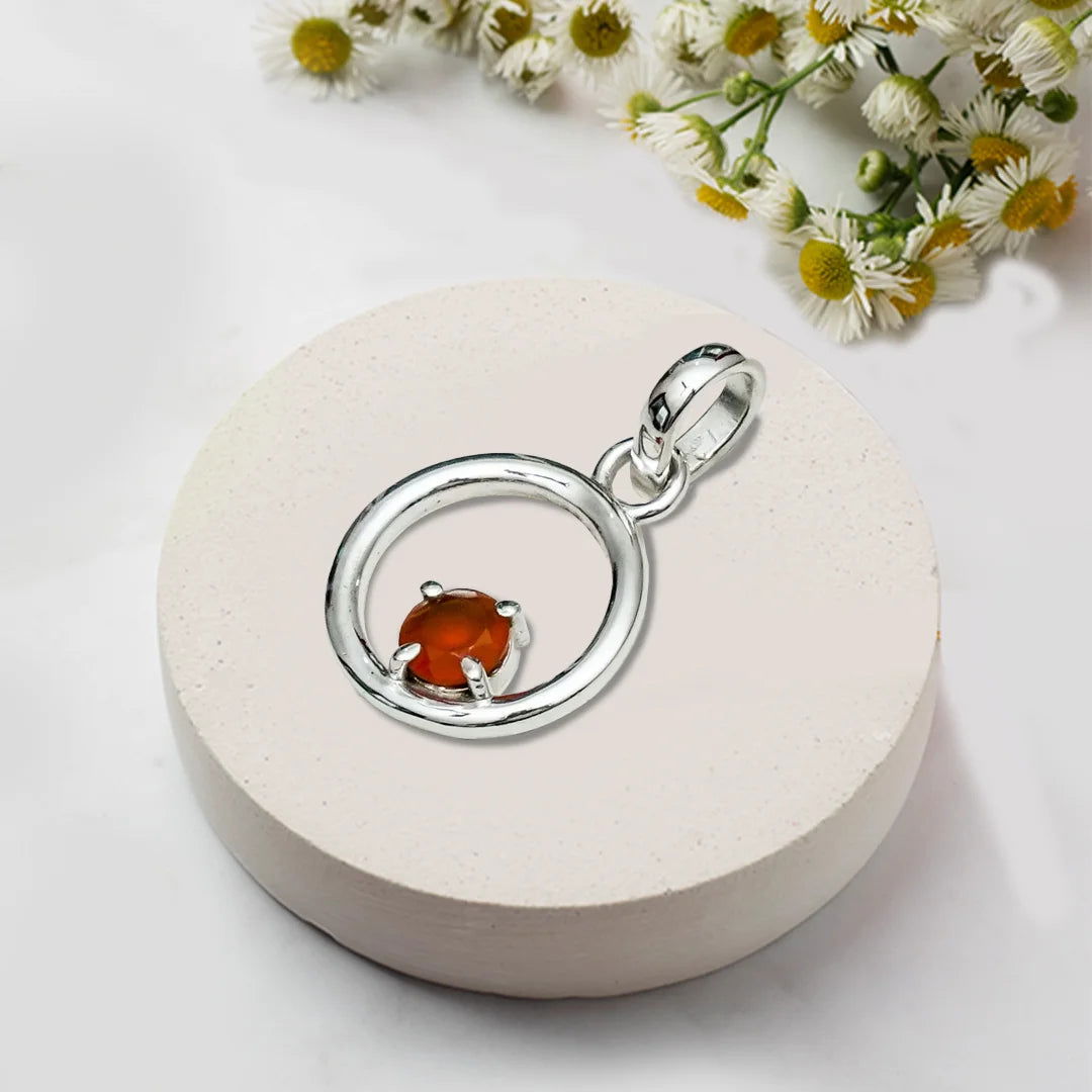 Round Pendant With Orange Gemstone Solid Sterling Silver