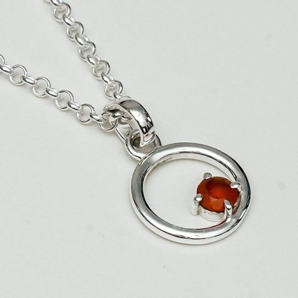 Round Pendant With Orange Gemstone Solid Sterling Silver