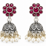 Mohnaa Rukmini Ruby Pearl 925 Sterling Silver Jhumka Earrings with ruby pink CZ stones and pearl drops