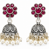 Mohnaa Rukmini Ruby Pearl 925 Sterling Silver Jhumka Earrings with ruby pink CZ stones and pearl drops