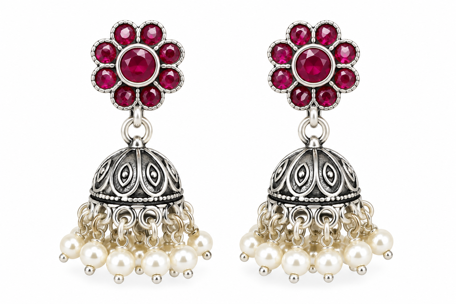 Mohnaa Rukmini Ruby Pearl 925 Sterling Silver Jhumka Earrings with ruby pink CZ stones and pearl drops