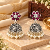 Mohnaa Vasundhara Ruby Pearl Silver Jhumka Earrings