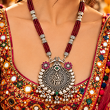 Mohnaa Radha Madhav Maroon Crystal Mala Pendant Set