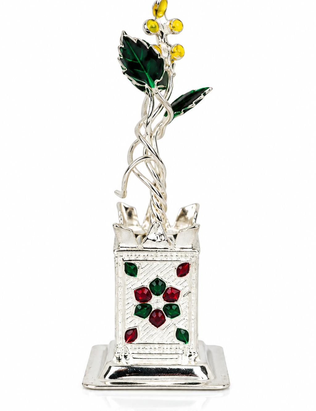 Side view of Mohnaa Tulsi Kyara sterling silver planter showing its ornamental rectangular base and detailed silver craftsmanship.