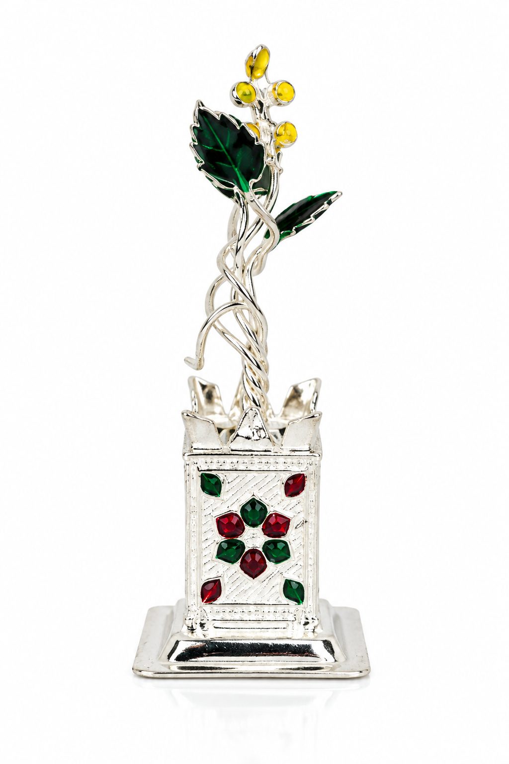 Side view of Mohnaa Tulsi Kyara sterling silver planter showing its ornamental rectangular base and detailed silver craftsmanship.