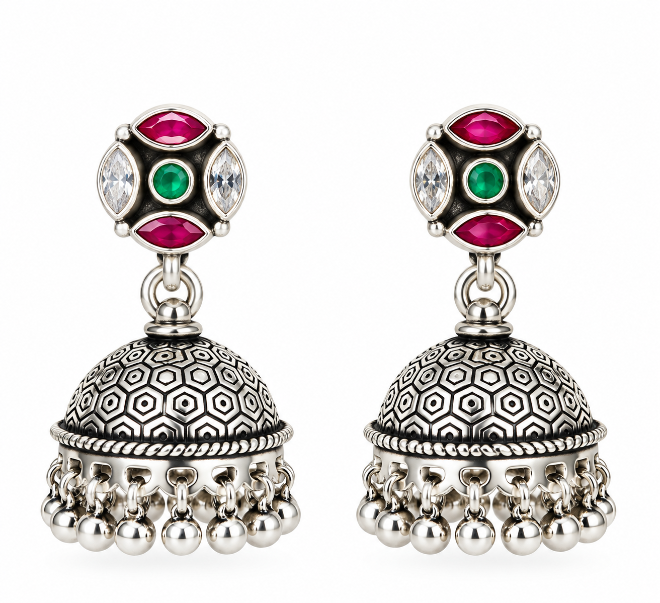 Mohnaa Vaidehi 925 sterling silver jhumka earrings with pink green and white CZ stones handcrafted oxidized silver traditional design