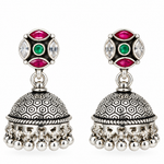 Mohnaa Vaidehi 925 sterling silver jhumka earrings with pink green and white CZ stones handcrafted oxidized silver traditional design