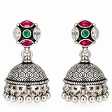 Mohnaa Vaidehi 925 sterling silver jhumka earrings with pink green and white CZ stones handcrafted oxidized silver traditional design