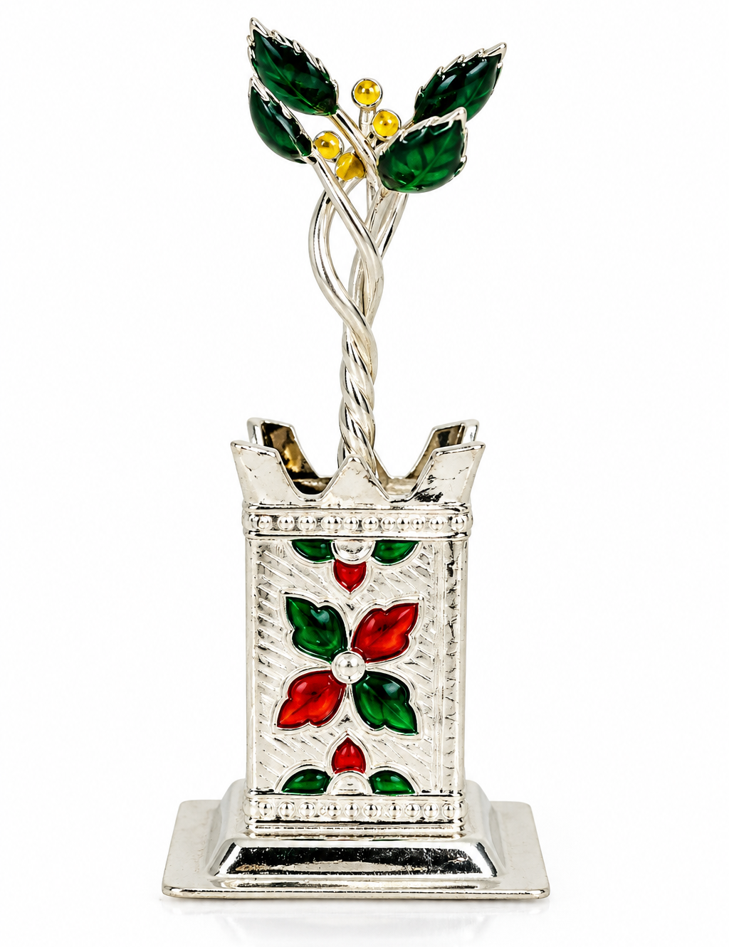 Mohnaa Tulsi Vrindavan 925 sterling silver decorative showpiece featuring a Tulsi plant with green leaves, yellow accents, colourful floral motifs, and an ornate silver planter on a white background.