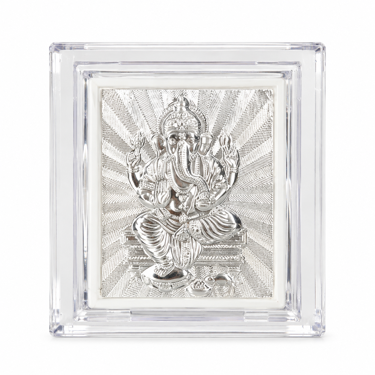 Silver-toned Lord Ganesha decorative relief artwork with a radiant patterned background inside a transparent rectangular display case