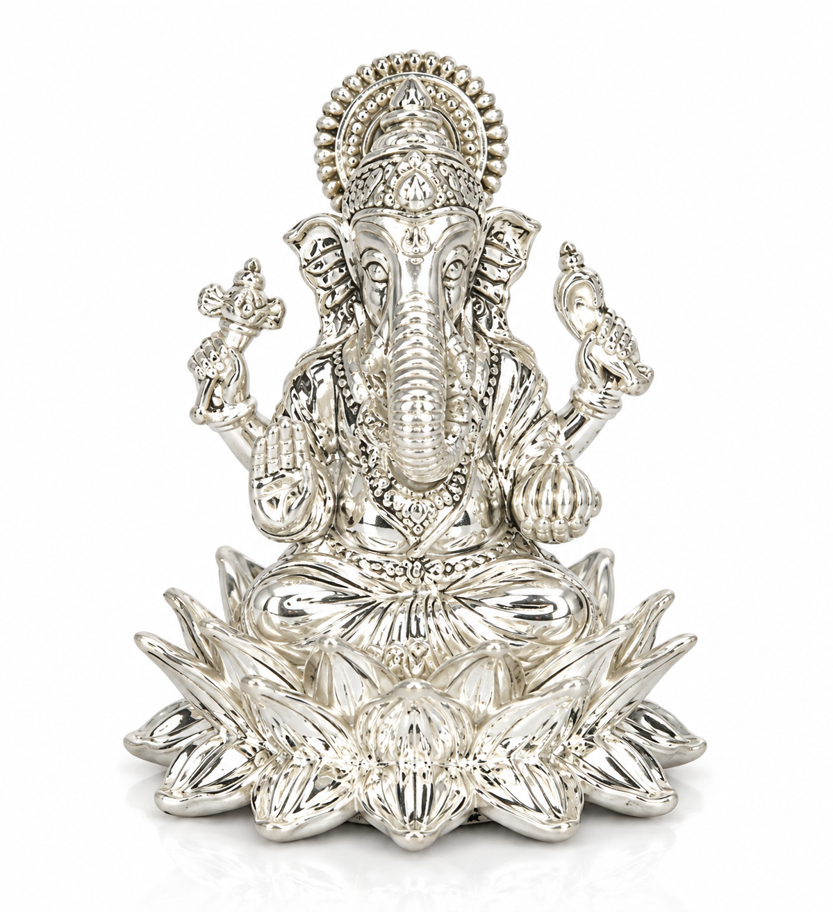 Lord Ganesha seated on an elaborate lotus throne with an ornate crown and decorative halo in silver finish