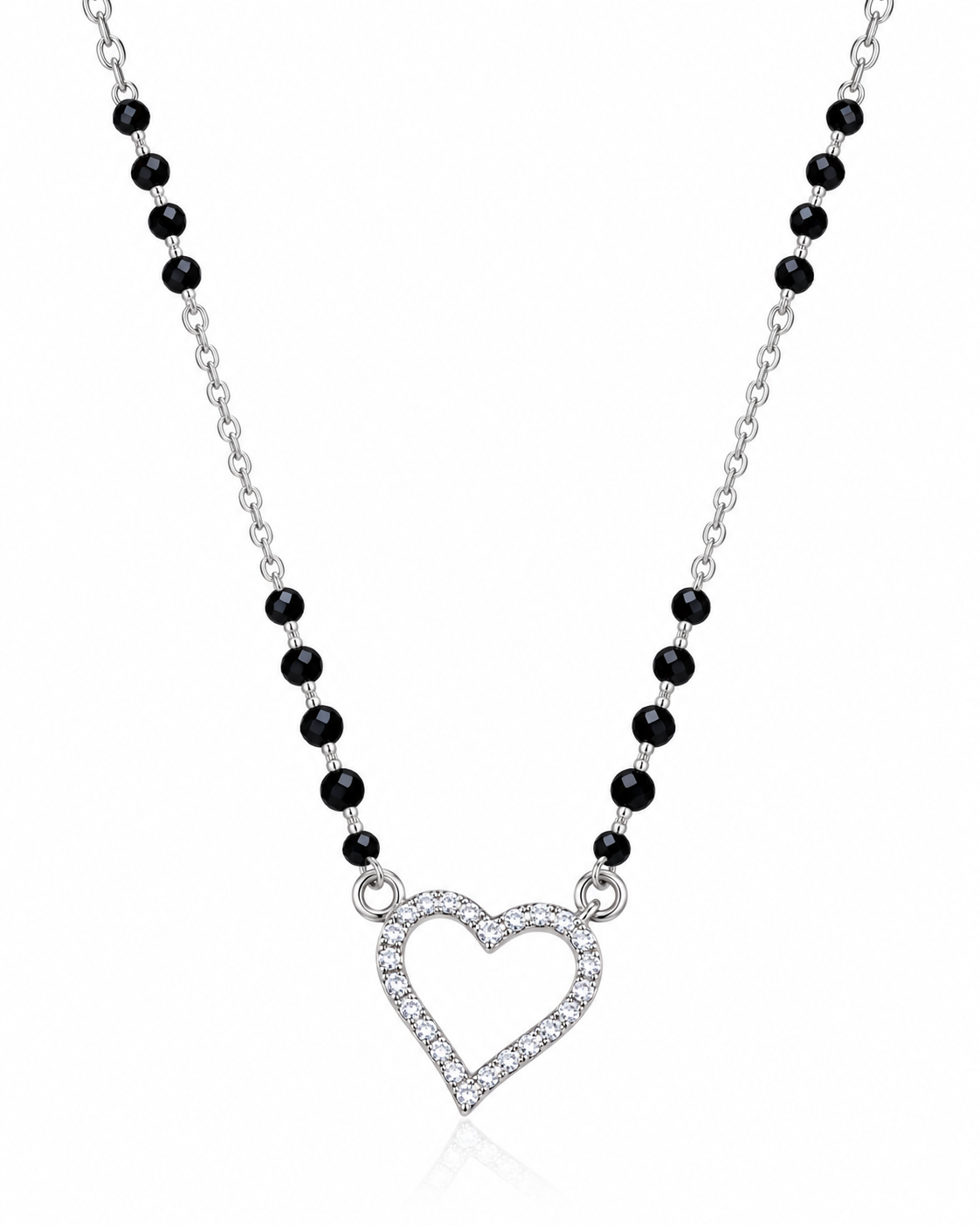 Mohnaa Hridaya 925 sterling silver mangalsutra featuring an open heart-shaped pendant with sparkling clear stones and a faceted black-bead chain on a white background.