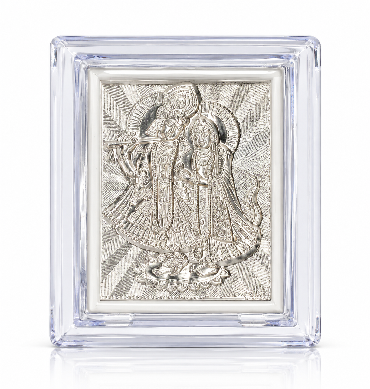 Intricately detailed silver-toned Radha Krishna raised-relief artwork with flute in a transparent rectangular display case