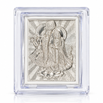 Intricately detailed silver-toned Radha Krishna raised-relief artwork with flute in a transparent rectangular display case