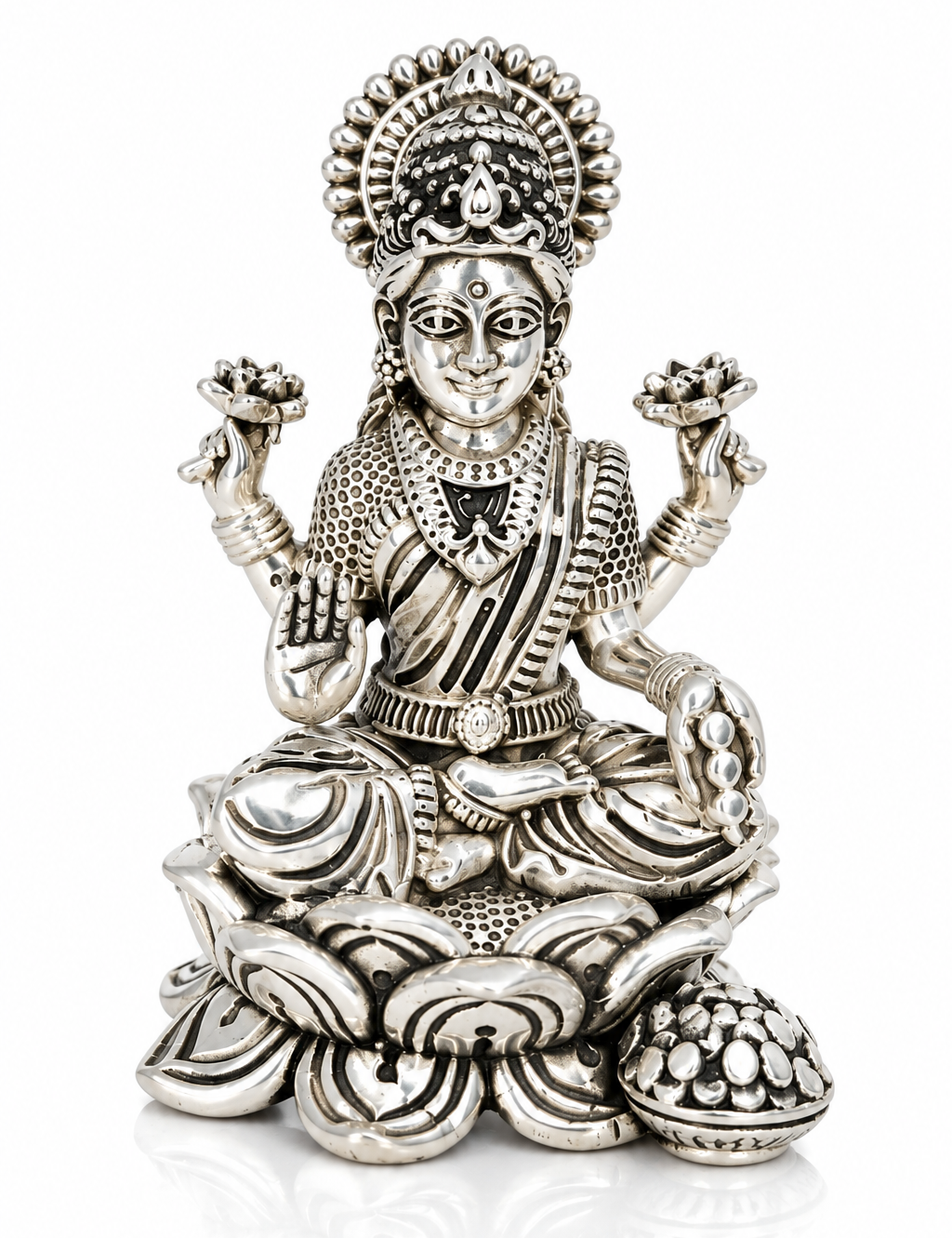 Goddess Lakshmi seated on an intricately detailed lotus throne with lotus flowers and decorative silver-finish detailing