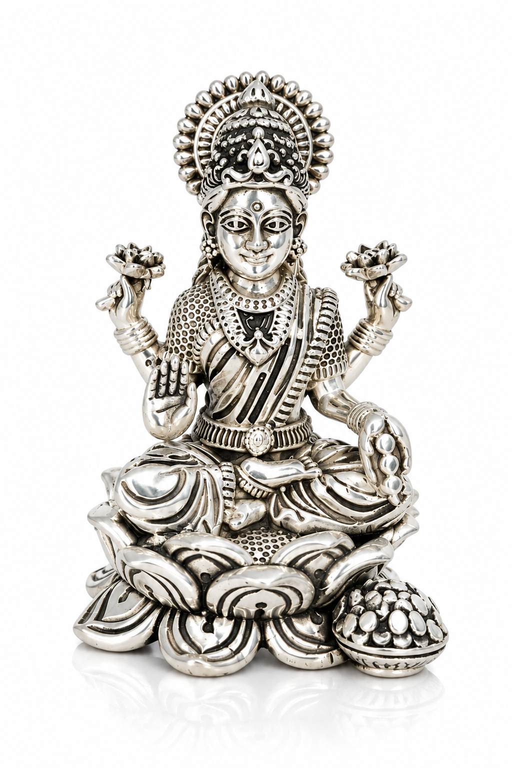 Goddess Lakshmi seated on an intricately detailed lotus throne with lotus flowers and decorative silver-finish detailing