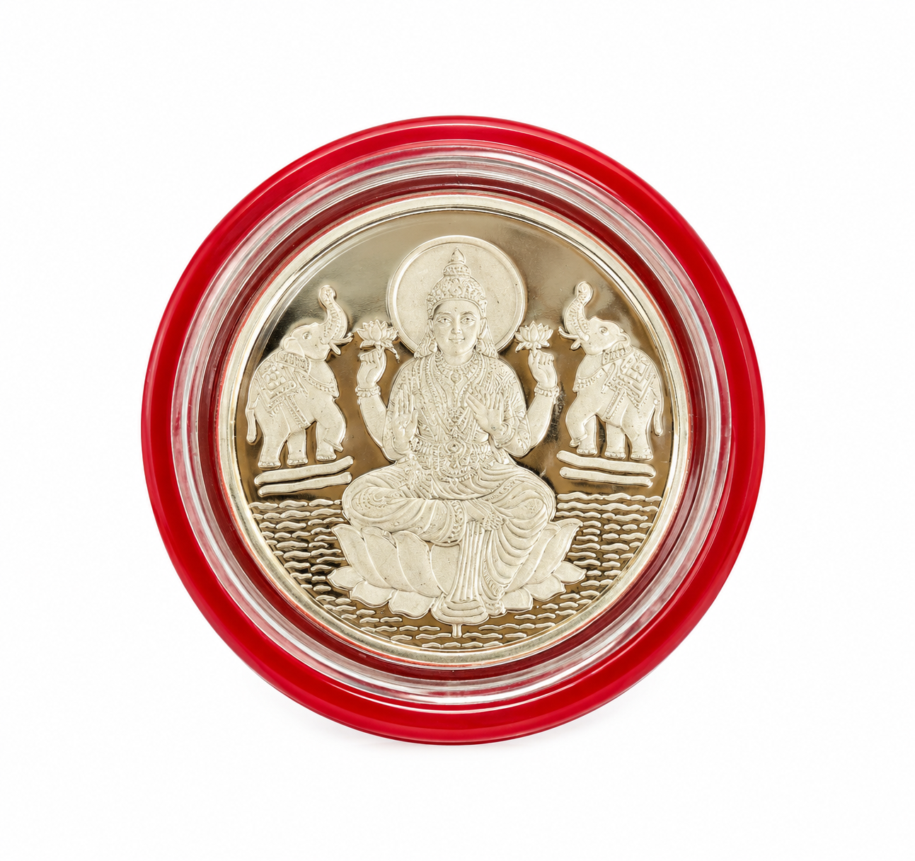Silver Lakshmi coin featuring Goddess Lakshmi seated on a lotus with two elephants, presented in a red protective capsule by Mohnaa Jewels